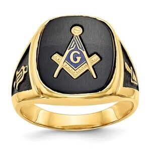 14k Yellow Gold Genuine Fine Jewelry  Men's  Black Enamel & Onyx Masonic Ring